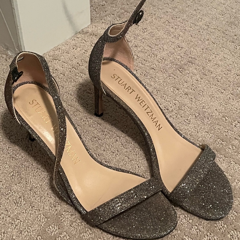 Stuart Weitzman nunakedstraight silver glitter heels